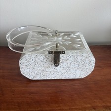 Vtg 50s Carved Lucite Handbag Clear Leaf Starburst Top White Confetti Body
