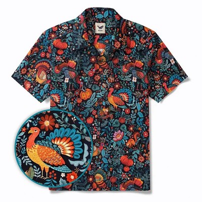 Thanksgiving Hawaiian Shirt Colorful Turkey Floral Pumpkin Autumn Print