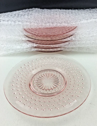 Set Of 6 Anchor Hocking Pink Depression Hobnail Vintage 6 1/8” Sherbet Saucer