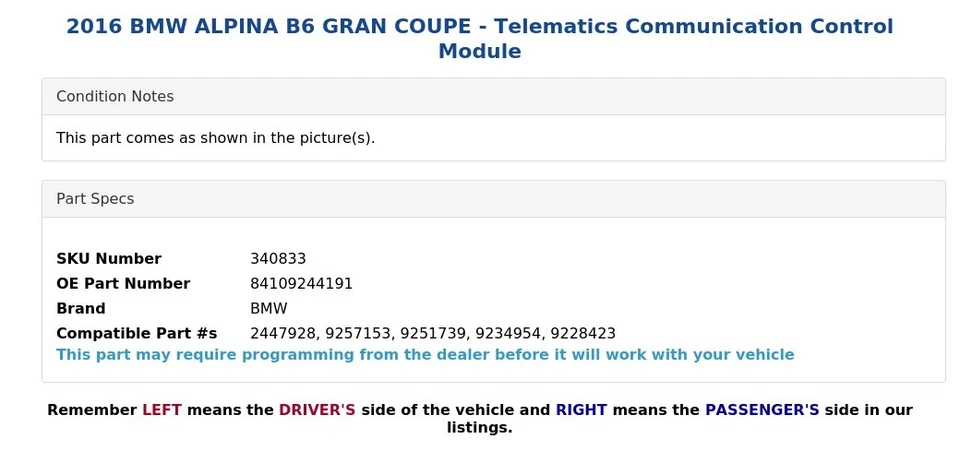 2016 BMW ALPINA B6 GRAN COUPE - Telematics Communication Control Module - Image 3 of 3