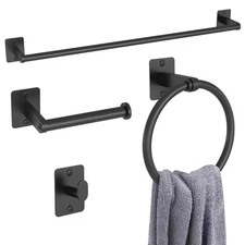 Matte Black Bathroom Accessories Set - 4 Piece Hardware with Towel Bar