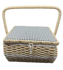 Dritz Scovill Wicker Sewing Basket With Gingham Pattern Lid & Interior
