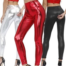 Fashion Women's High Waist Trousers Zipper Crotch Shiny Faux Leather Long Pants