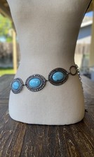 VTG Y2K Faux Turquoise Concho Belt Silver Tone Swirl Stone Boho Western 42" Heav