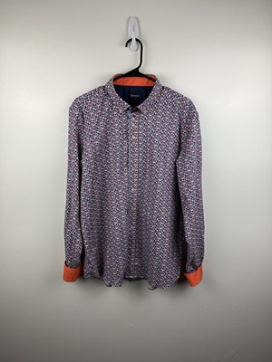 7 Camicie Dress Shirt Mens 2XL Abstract Orange Blue Button Up Long Sleeve