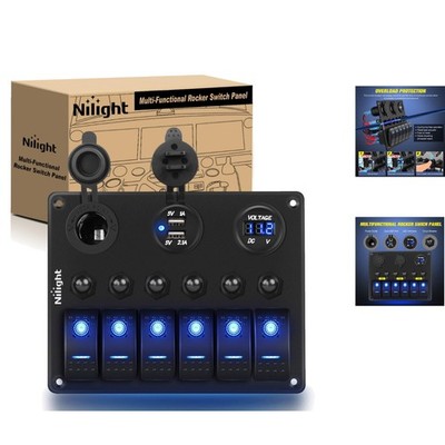 Durable 6 Gang Rocker Switch Panel with Integrated USB and Voltmeter for Trucks