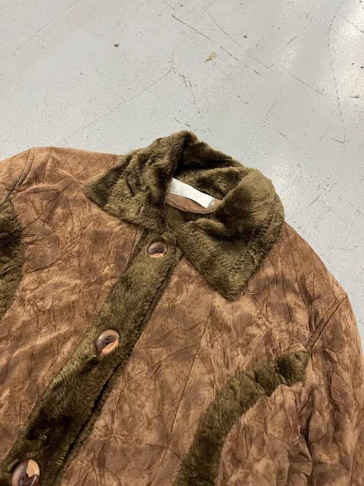 Vintage Faux Leather Coat Womens LARGE 90s Y2K Button Up Brown Boho Art Poodle - Image 2 of 4