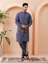 SECRET GARDEN   FLORAL HAND EMBROIDERED DESIGNER BUNDI SET   SMOKY NAVY BLUE