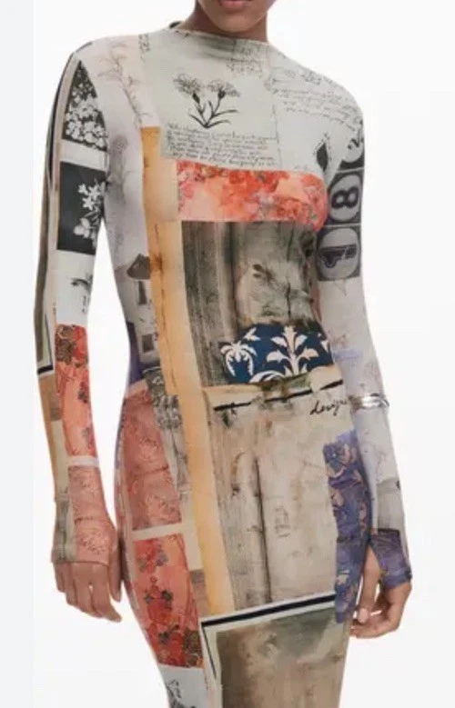 NUEVO SIN ETIQUETAS $159 Vestido Desigual Cuello Simulado Manga Larga Ajustado Maxi Lápiz Collage-Pequeño Foto 2 de 4