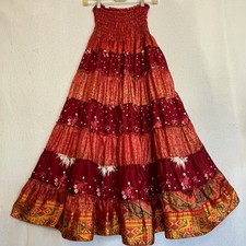 Maxi Gonna 100% Seta Abito Midi Smocked Boho Livelli Festa Rosso Natale M