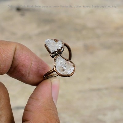 Pear White Topaz Rough Stone Promise Sister Electroformed Ring Jewelry Copper