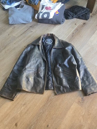 Vintage 70s Chris Barrett Prodotto Breco's Cinch Back Leather Jacket Size XL - product listing photo