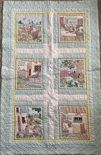 Vintage handmade bear family Baby quilt. Storybook Illustration Panels. 35 X 54