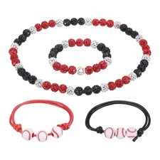 4Pcs Baseball Necklace Set 7" Bling Beaded Chain 18" Bracelet Red/Black