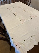 tablecloth white with pink and green Cutwork embroidery 58 x 76