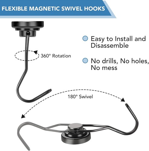 Imanes de tierra de neodimio ALLNAT - Gancho de cocina giratorio fuerte negro - Imagen 5 de 20