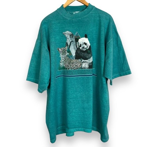 Vintage 90s Wildlife T-Shirt Natur XL Teal Panda Dolphin Leopard Casual Graphic - Bild 2 von 10