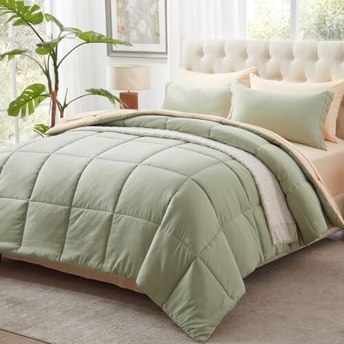 Queen Comforter Set 7 Pieces Reversible Bed in a Bag Queen Size Sage Green eBay