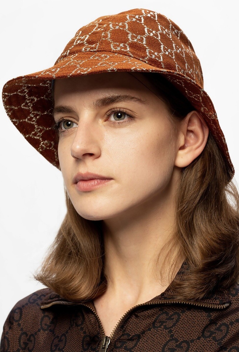 Gucci★素敵!Unisex Bucket Hat GG Monogram Lame Brown Canvas Size M Gucci Unisex Bucket Hat GG Monogram Lame Brown Wool