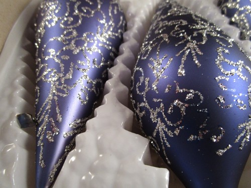 Vintage 4er Set Glas Weihnachtsschmuck lila blau Träne Glitzer B - Bild 4 von 7