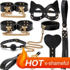 Kits Genuine Leather Set Fetish Handcuffs Collar Gag Whip for Women Couples