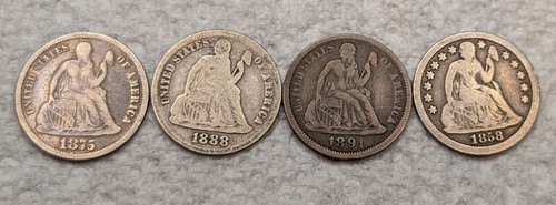 Lot of 4 Seated Liberty Dimes: 1858, 1875, 1888-S & 1891-O