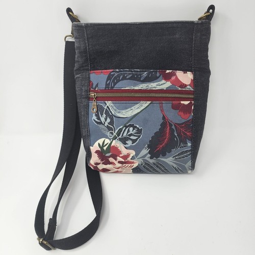 Crossbody Travel Bag Black Denim Hand Made Hawaiian Print Patch Front Zip Close - Picture 14 of 14