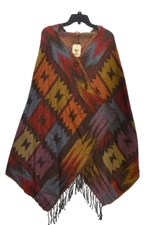 Glitzhome Women's Patterned Poncho Shawl Hoodie w/2 Button Closure &Tassels One