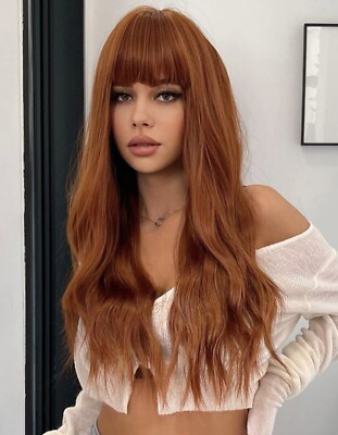 Perruque Synthétique Courte Rousse Orange - Ondulée Avec Frange - Taille Moyenne + 4 Bonnets