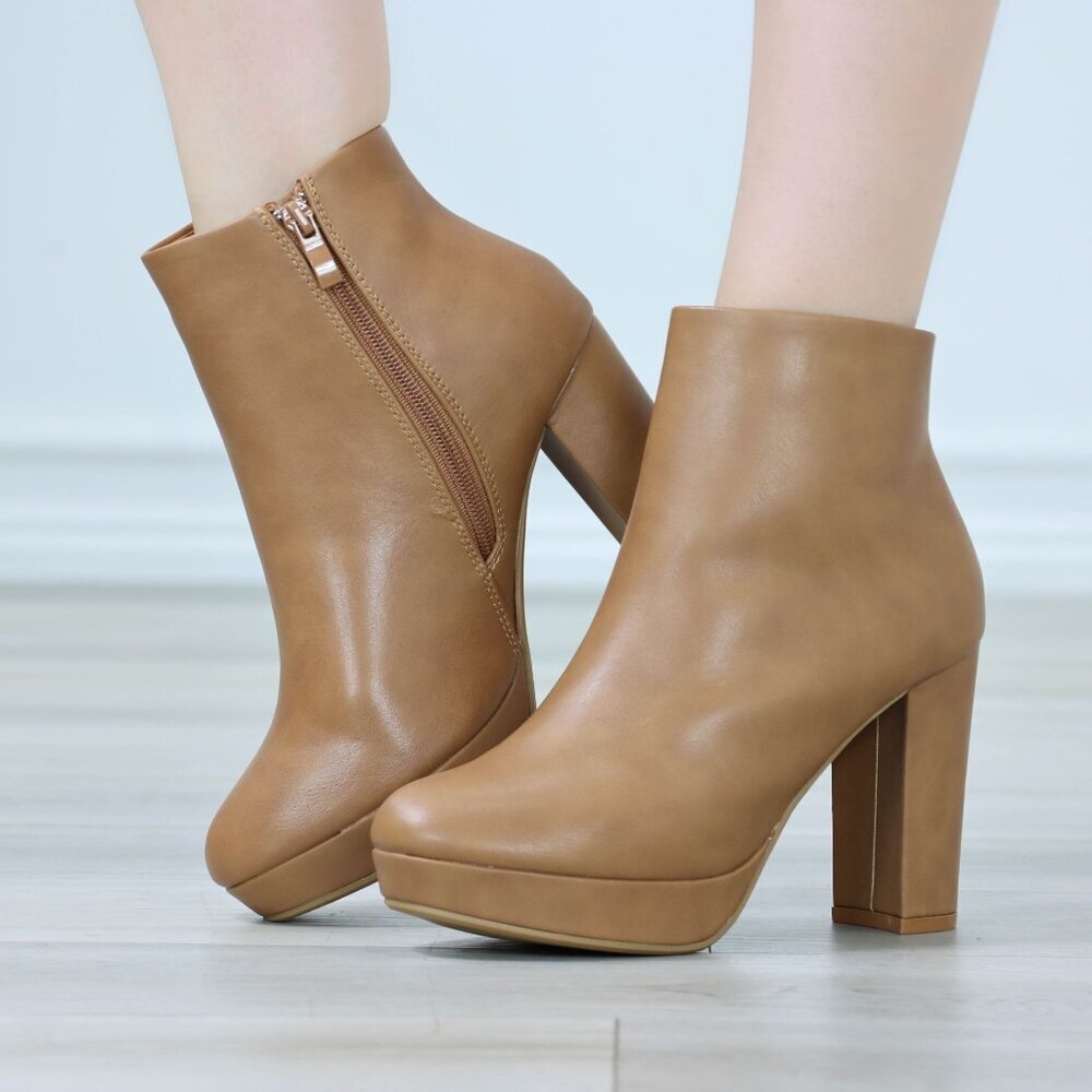 Womens Platform High Heeled Bootie Zip Up Tan Ankle Boots Block Heel