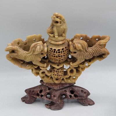 Antique Hand Carved Soap Stone Figurine Statue Fu Foo Dog Lion Incense Burner 