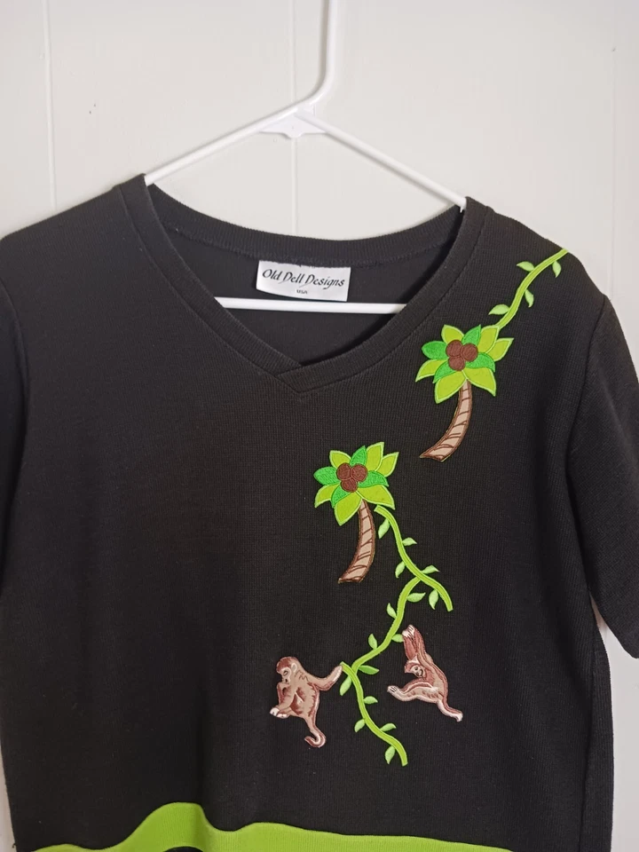 Blusa para mujer vintage antigua Dell Designs manga corta mono palmera negra talla M Foto 4 de 4