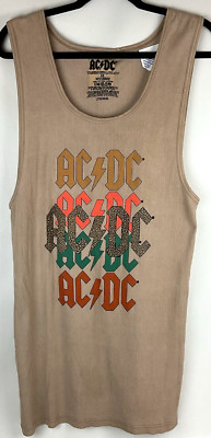 AC/DC Womens Graphic Design Tank Top Tan Legend Rock Band 70's Cotton READ