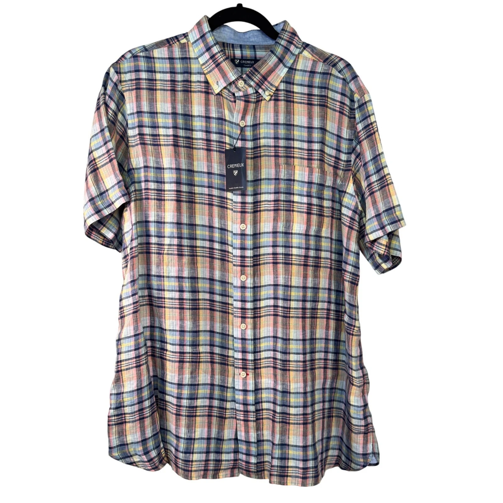 Cremeux Classics XL Mens Plaid Button-Down Shirt 100% Linen Short Sleeve