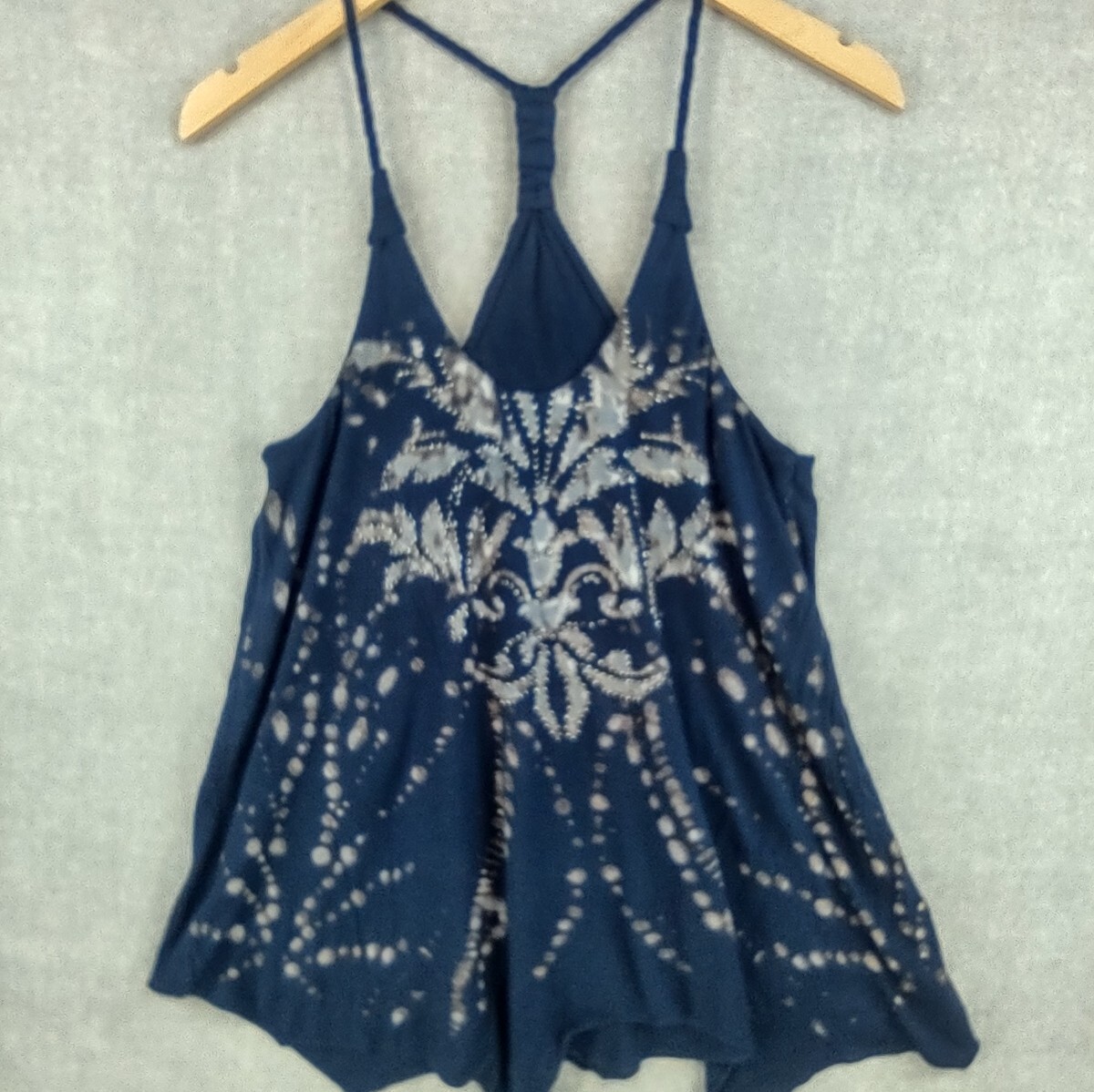 Miss Me Top Womens Medium Blue Bohemian Beaded Strappy Rayon Stretch Blouse