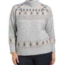Nicole Miller Artelier Size 1X Gray Fair Isle Cozy Turtleneck Sweater Winter New