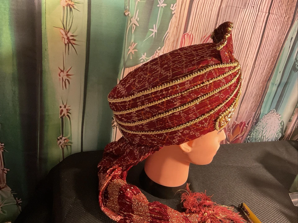 Жених свадебный тюрбан ручной работы красный/золотой с украшениями - Изображение 3 из 4