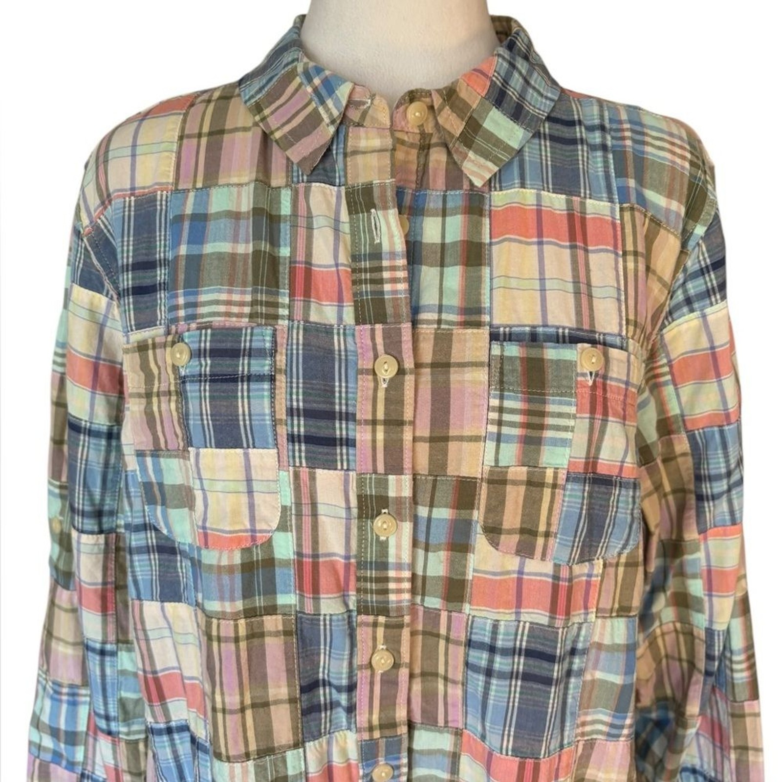 LL Bean Button Front Top Plaid Patchwork Long Sle… - image 5