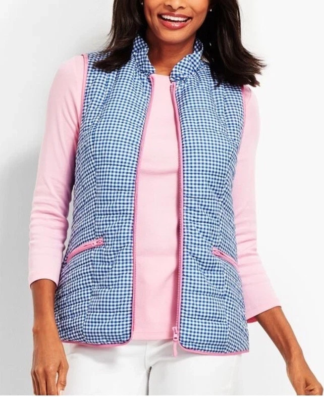 Women's TALBOTS Quilted Blue White Gingham Puffer Vest Jacket Lightweight Large