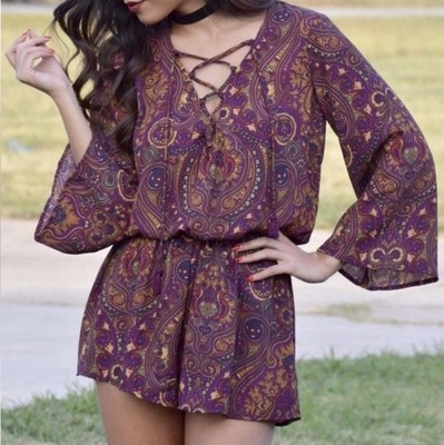 Show Me Your Mumu Tillie Tie Romper Large Paisley Bell Sleeve Boho Festival