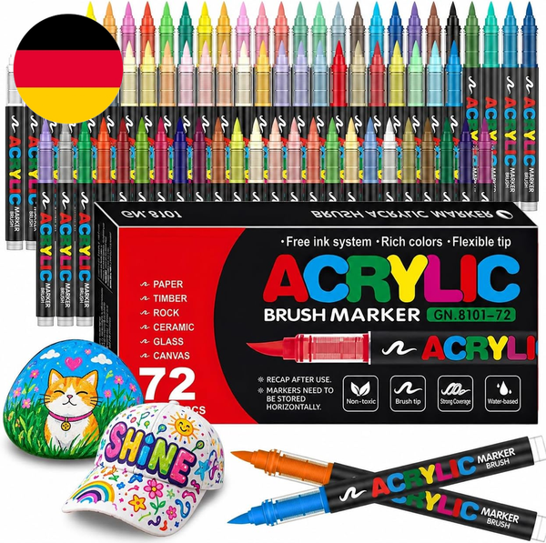 72 Acrylstifte Set Mit Pinselspitze – Wasserfeste Acrylmarker Zum Steine Bemalen-image