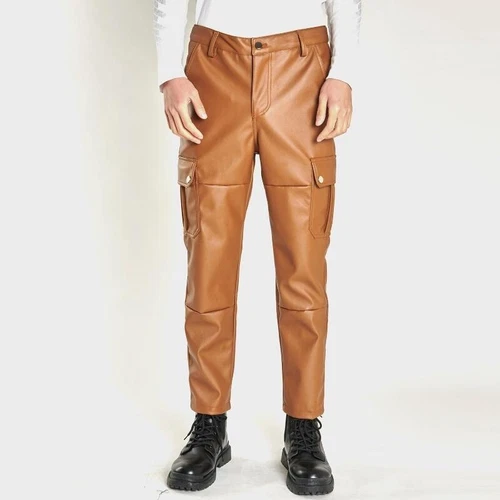 Men Faux Leather Trousers with Pockets Motorcycle Biker Pants Slim Punk Rock - Bild 6 von 24