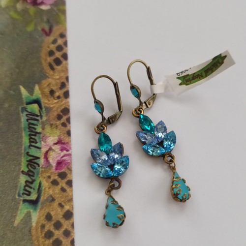 Michal Negrin Earrings Blue Shades Leaves Cluster Royal Sparkly Crystals Long - Picture 12 of 15