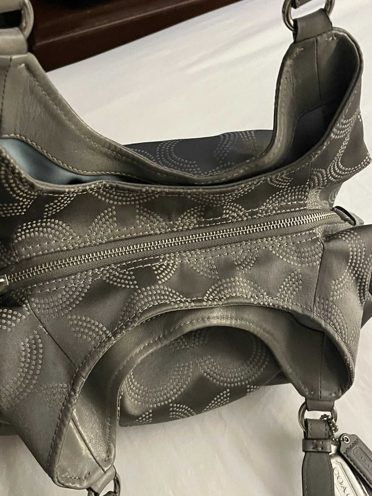 Borsa a tracolla Coach Madison Maggie OpArt argento firma e pelle grigia
