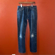 The Unbranded Brand Men's Selvedge Dark Wash Skinny Distressed Button Fly Jeans