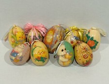 9 Vintage Decoupage Easter Egg Ornaments Paper Mache Ribbon Hangers Bunny Chicks