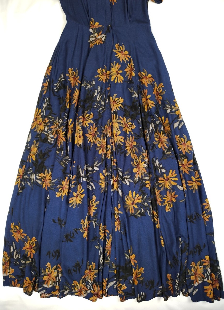 Free People After The Storm Floral Print Boho Maxi Shirt Dress Navy Blue Sz  0 | eBay