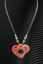 Handmade Dichroic Art Glass Red Heart Pendant Necklace Beaded Cord 18  EUC