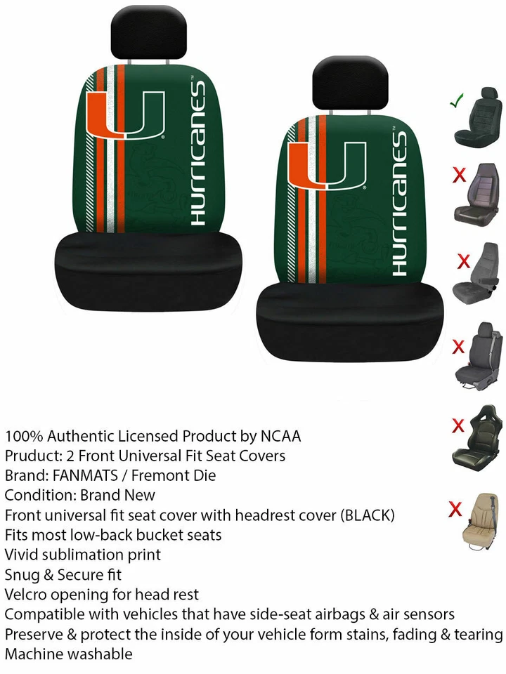 Novo Conjunto de Capas de Assento NCAA Miami Hurricanes Frente de Carro Ajuste Universal - Imagem 3 de 4
