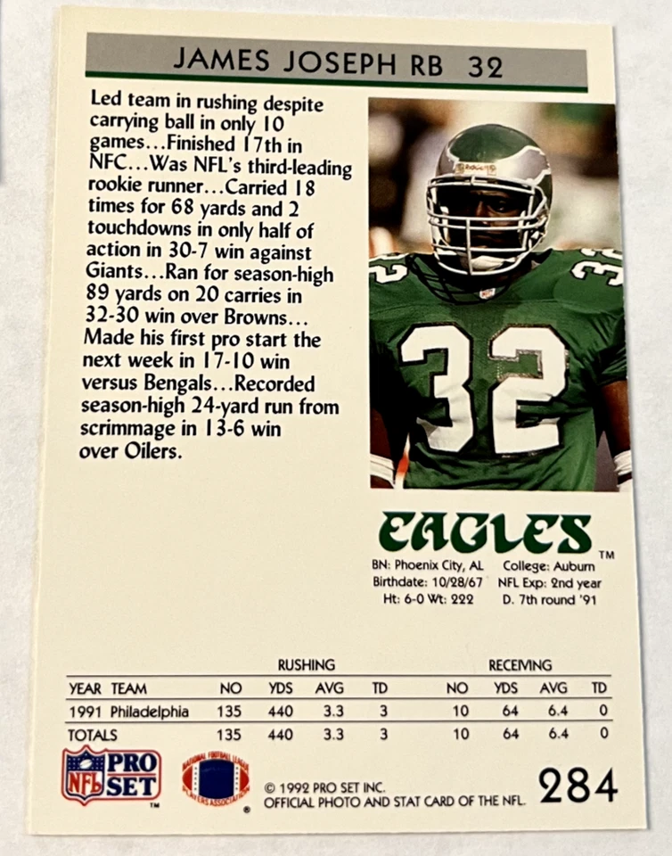 1992 NFL Pro Set NFL Trading Card #284 James Joseph Philadelphia Eagles - Image 2 of 4